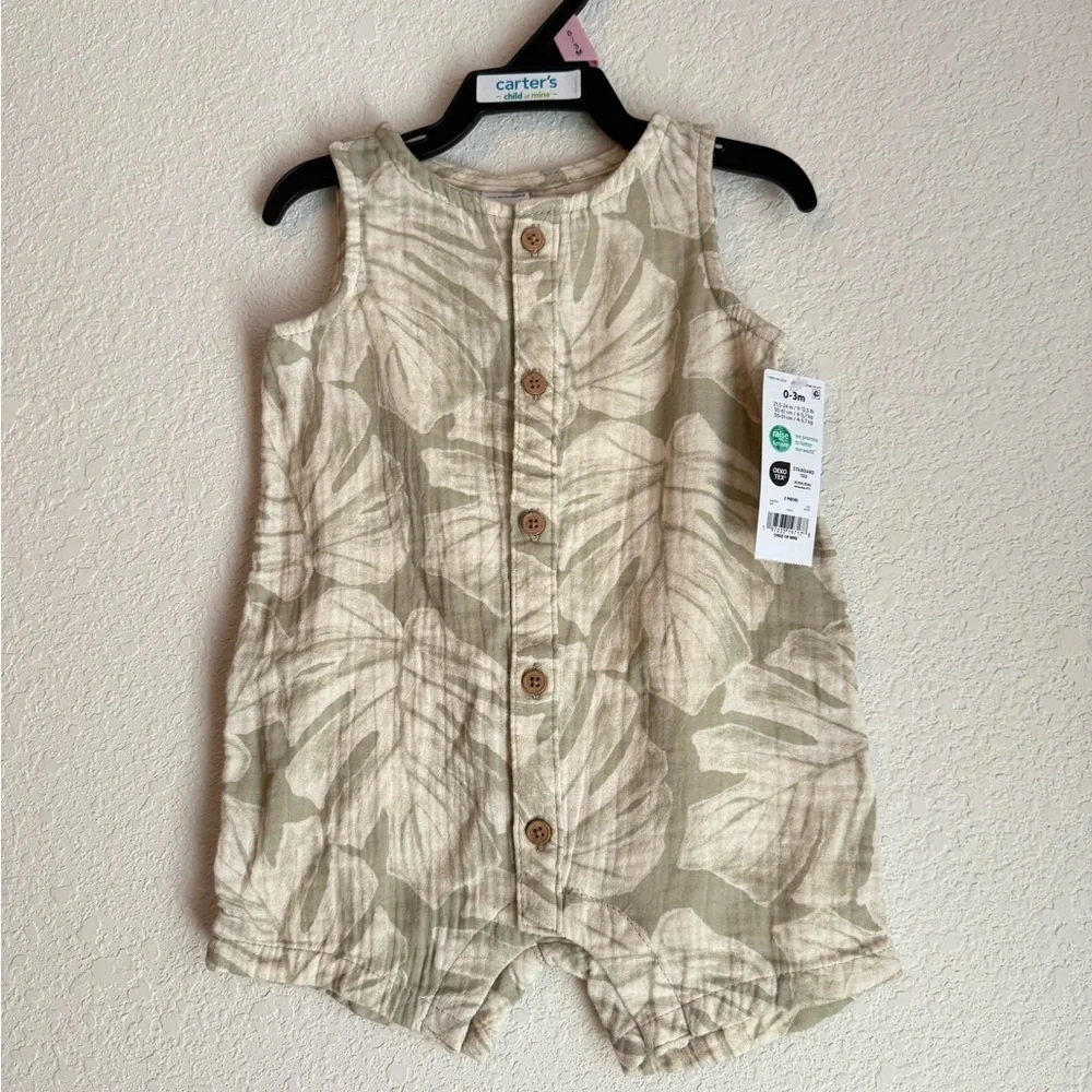 Carter's Baby Cotton Beige Leaf Print Button Romper size 0/3M-NWT